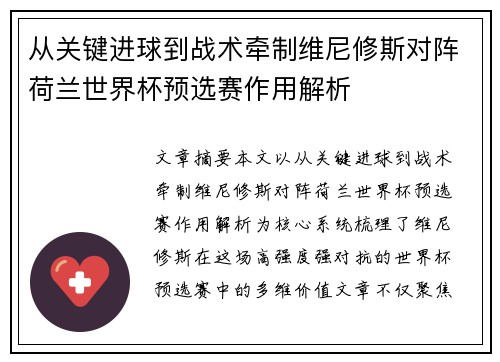 从关键进球到战术牵制维尼修斯对阵荷兰世界杯预选赛作用解析